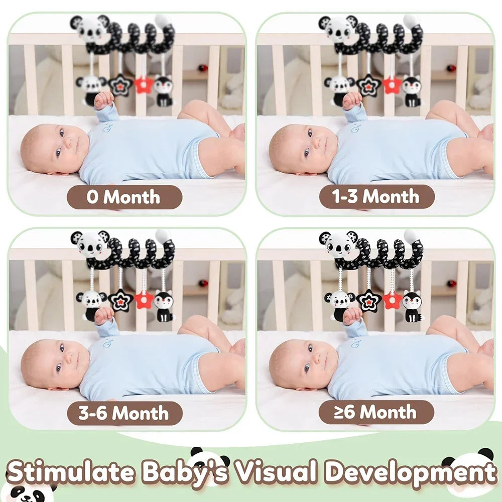 Newborns Spiral Hanging Activity Stroller Toy Baby Carseat Toy Black & White Lion Koala Rattle for Crib Mobile Sensory