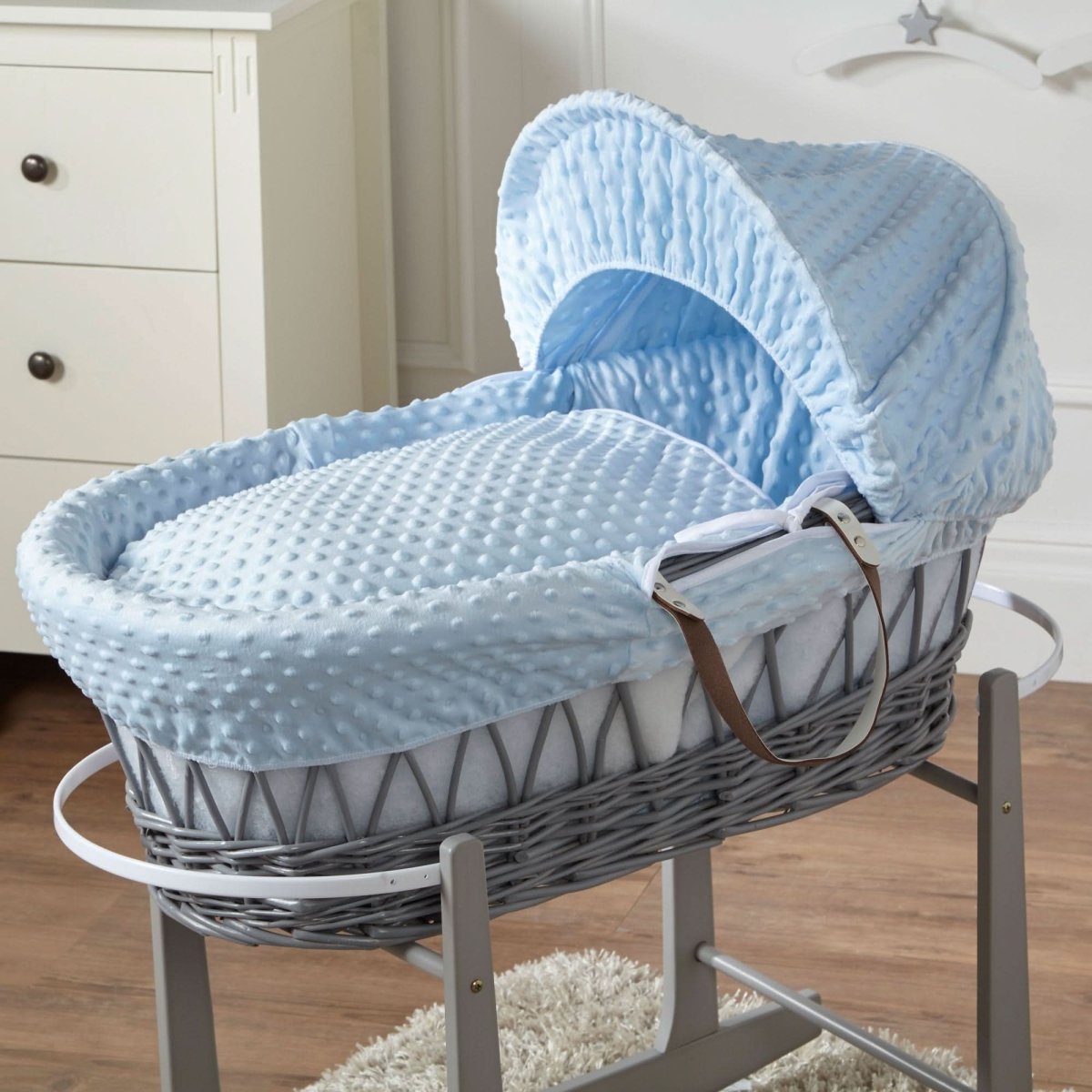 Blue Dimple Grey Wicker Baby Moses Basket With Stand-4