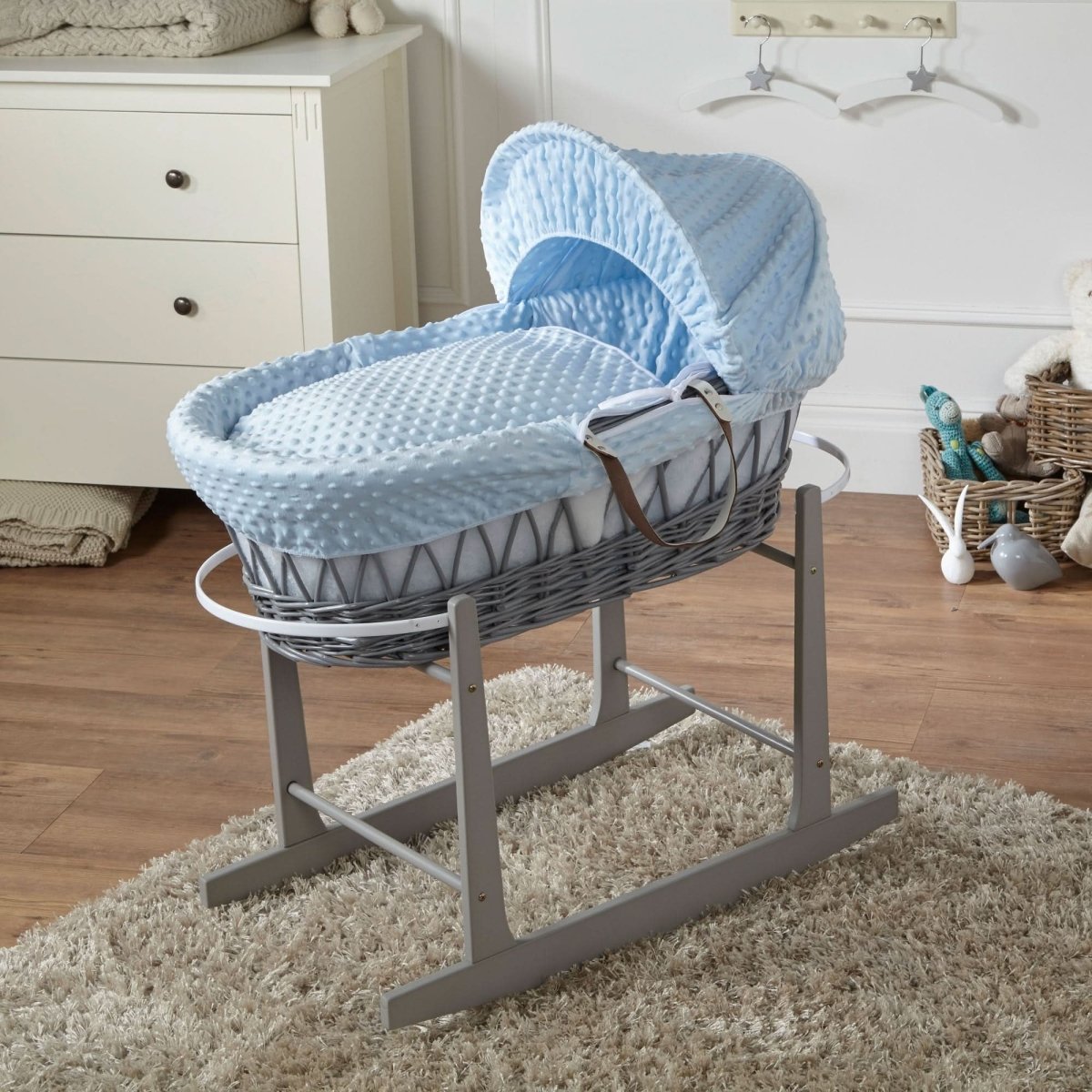 Blue Dimple Grey Wicker Baby Moses Basket With Stand - Wicker Moses Basket