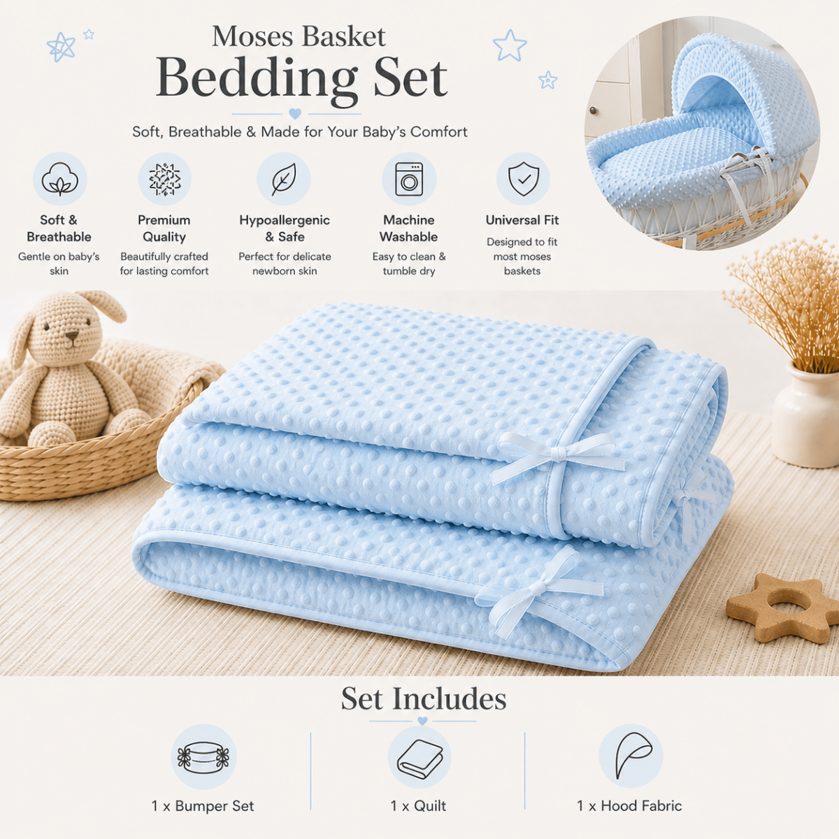 Blue Dimple Moses Basket Bedding Set (Basket Not Included!)