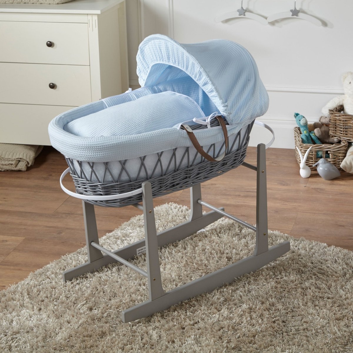 Blue Waffle Grey Wicker Baby Moses Basket With Stand - Wicker Moses Basket