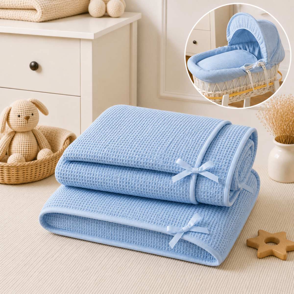 Blue Waffle Moses Basket Bedding Set (Basket Not Included!)
