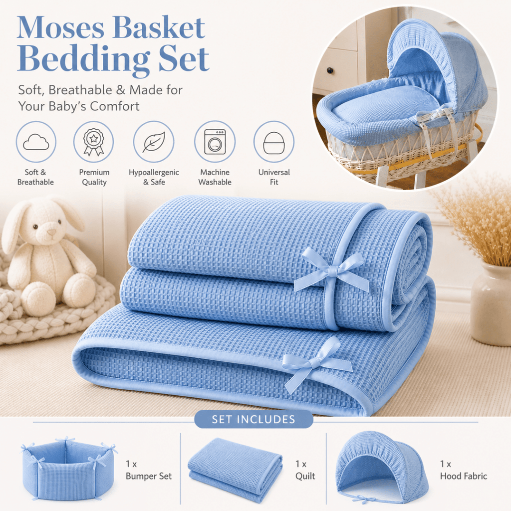 Blue Waffle Moses Basket Bedding Set (Basket Not Included!) - Moses Basket Bedding Set