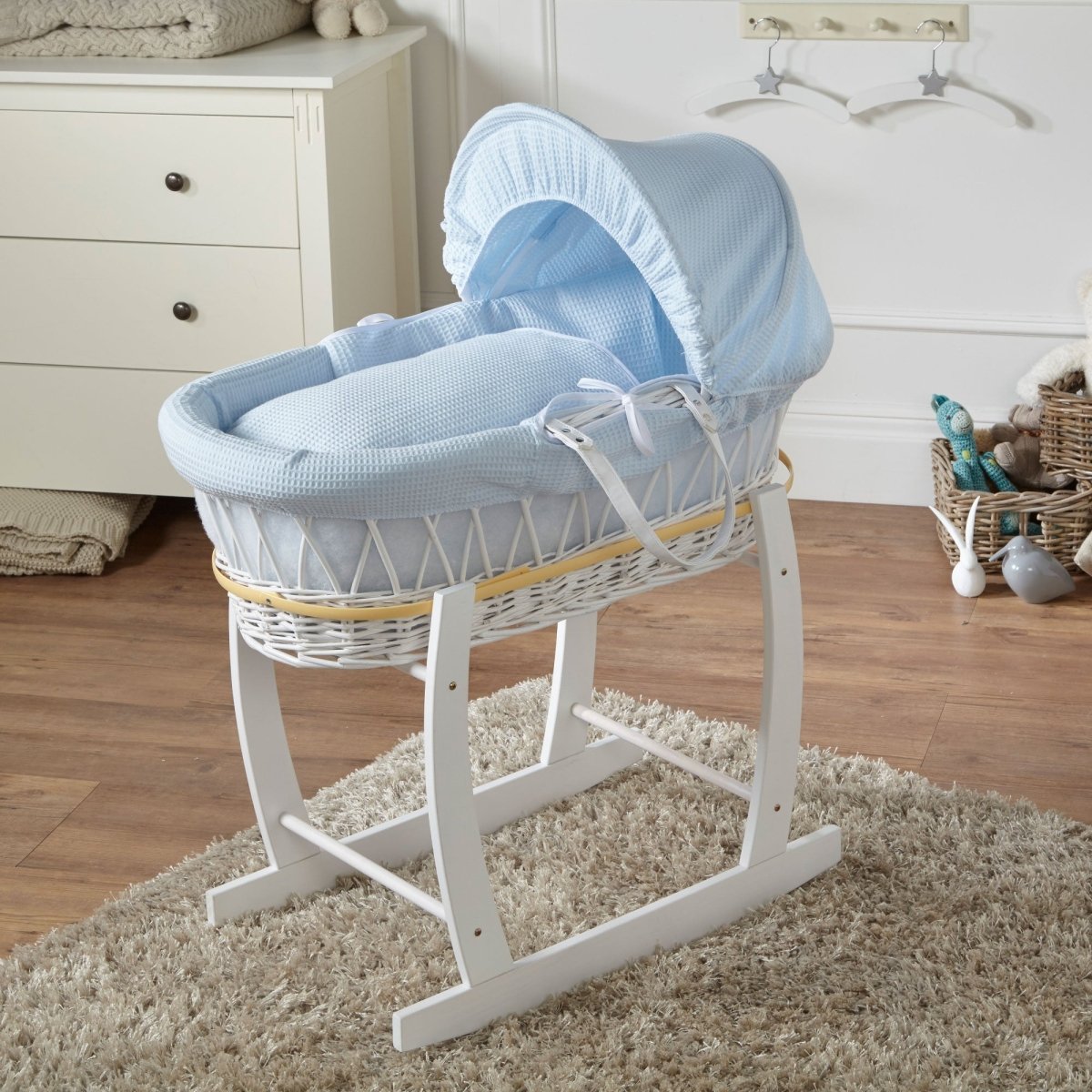 Blue Waffle White Wicker Baby Moses Basket With Stand-0