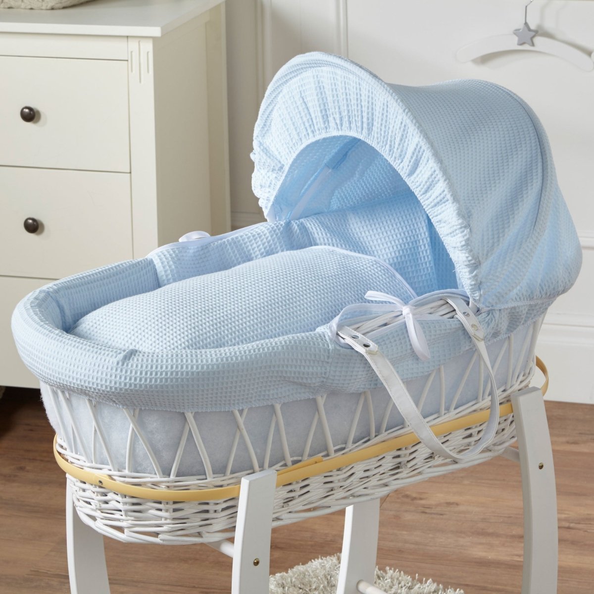 Blue Waffle White Wicker Baby Moses Basket With Stand - Wicker Moses Basket