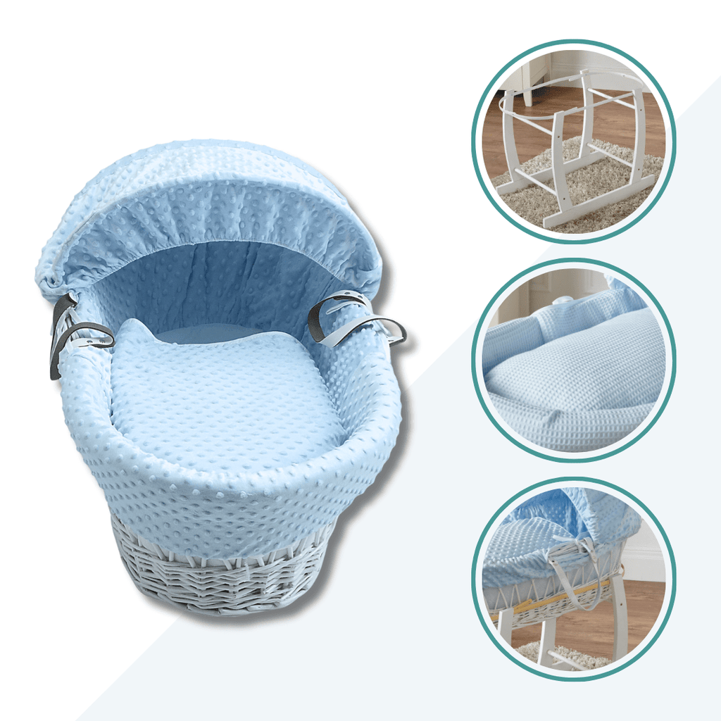 Blue Waffle White Wicker Baby Moses Basket With Stand - Wicker Moses Basket