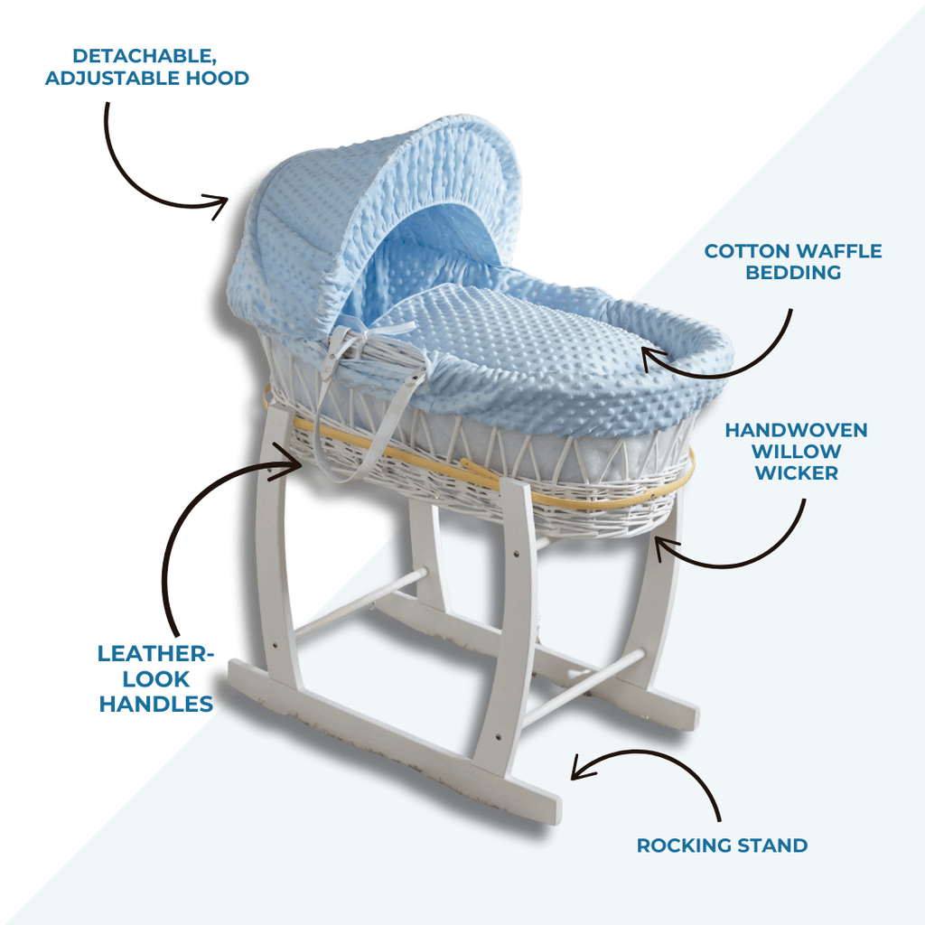 Blue Waffle White Wicker Baby Moses Basket With Stand-2