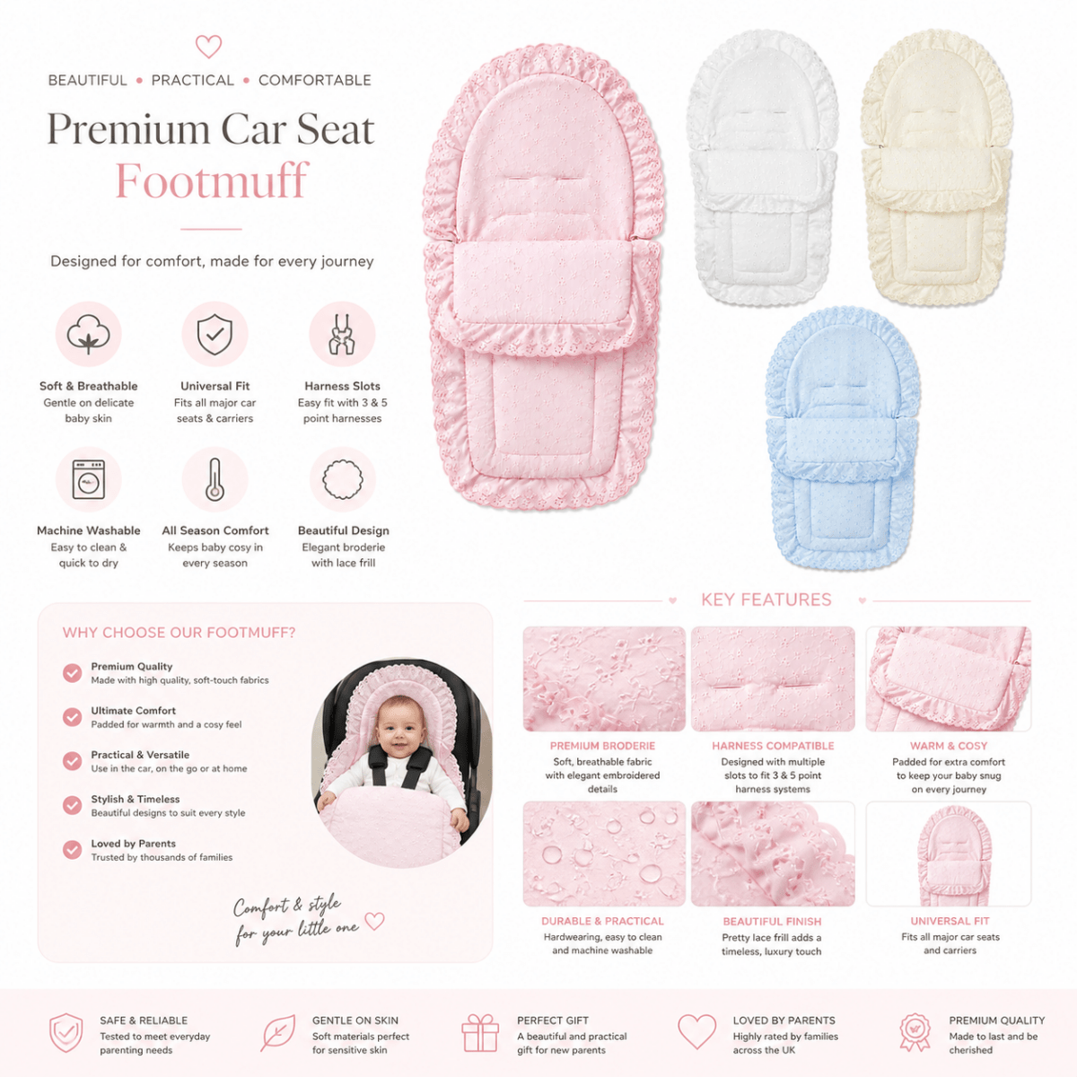 Universal Broderie Anglaise Car Seat Footmuff / Cosy Toes