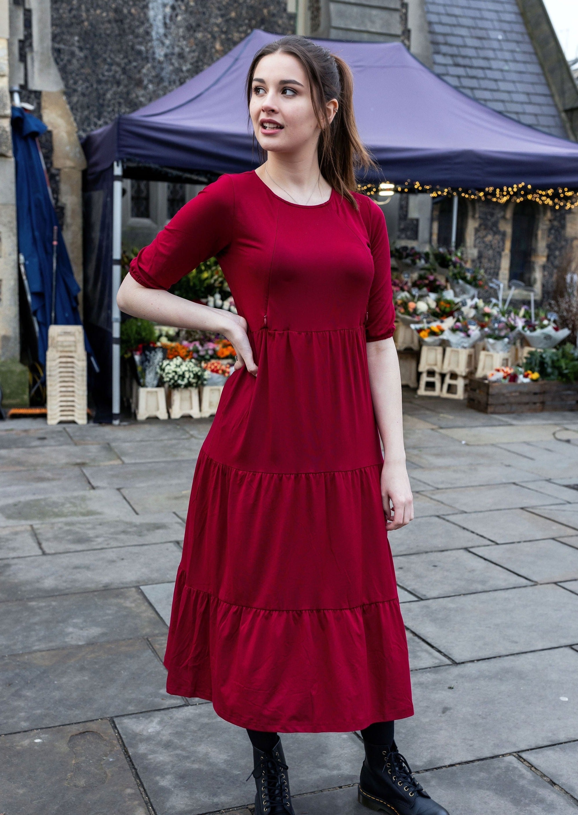 The Midi Breastfeeding Dress - Burgundy Cotton