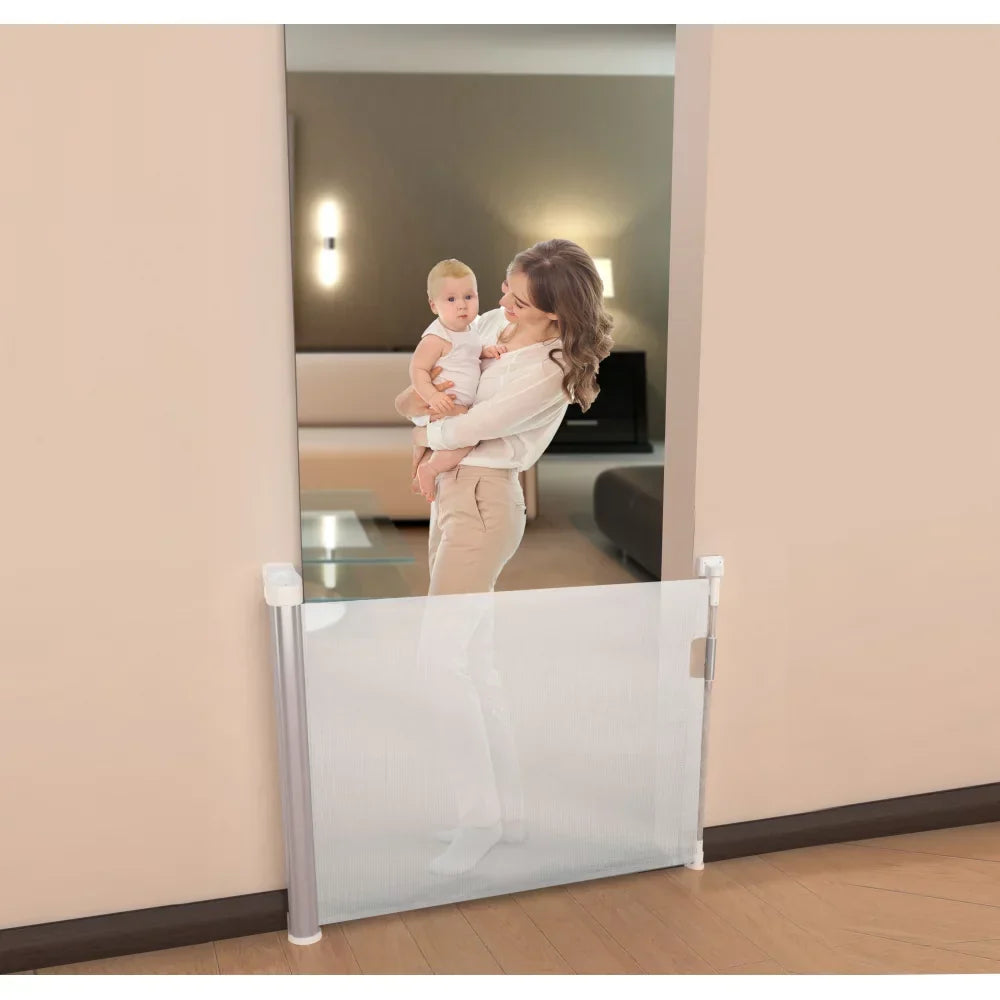 Callowesse Omni-Directional Retractable Stair Safety Gate 0-130cm – White & Silver - Baby Gate