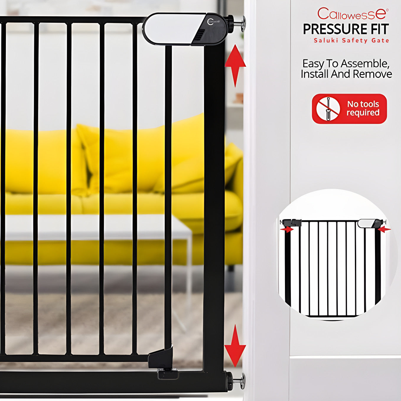 Callowesse Saluki Tall & Narrow Pressure Fit Child & Pet Safety Gate 65-70cm x H96cm - Black