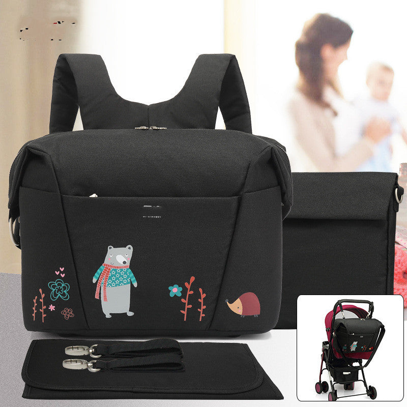 Cartoon Double Shoulder Mother And Baby Bag Set - Black
