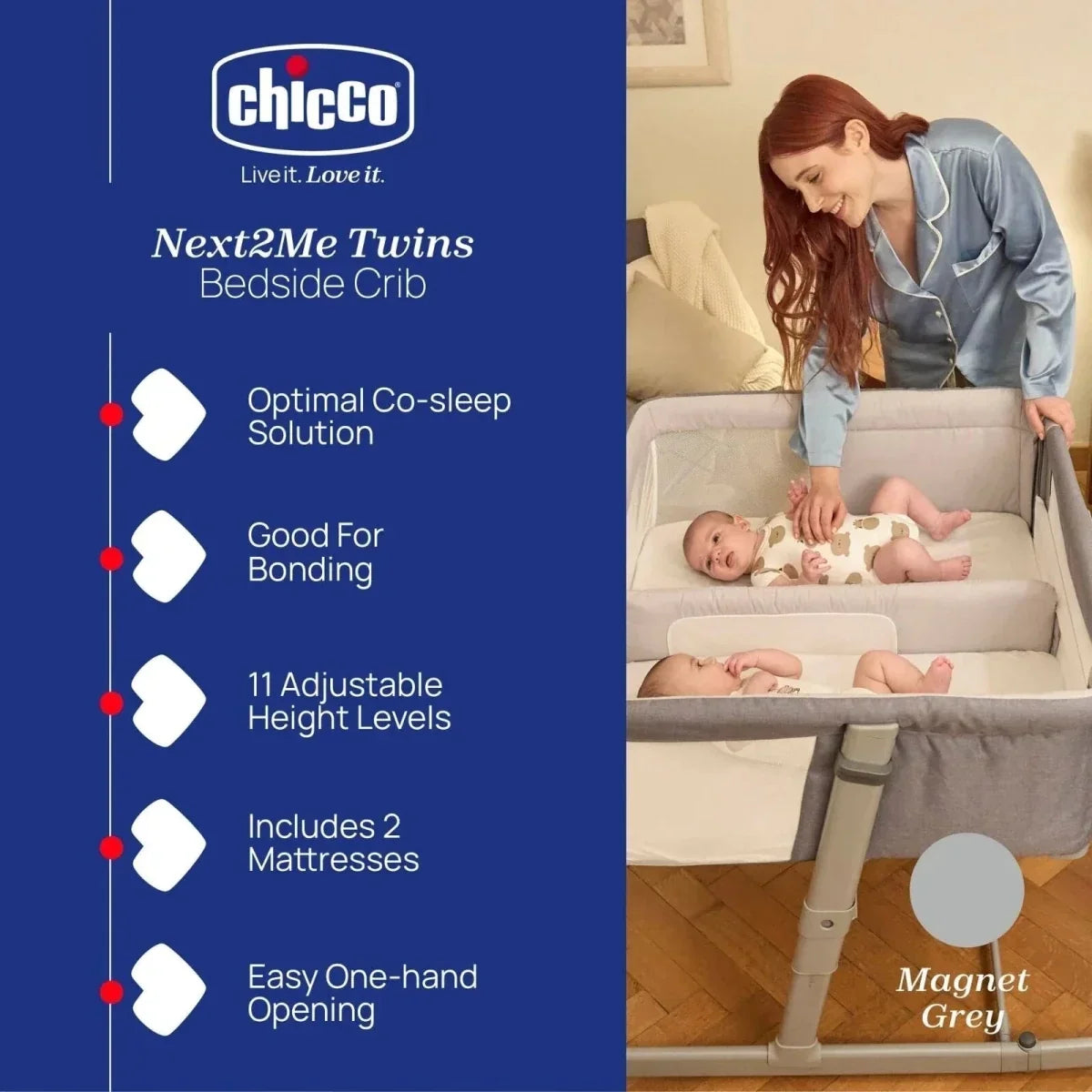 Chicco Next2Me Twins Crib - Magnet Grey - Magnet Grey - Baby Bedside Cribs