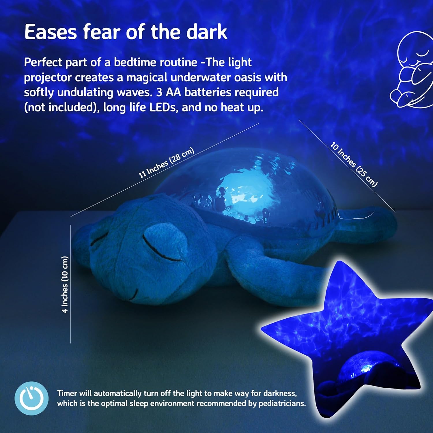 Cloud B Tranquil Turtle Rechargeable Projector Nightlight with White Noise Soothing Sounds - Aqua Blue - Night Light