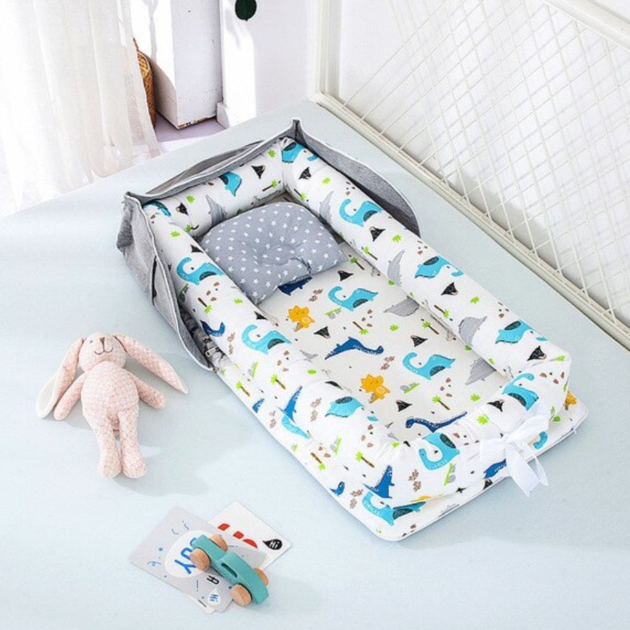 Cotton Portable Foldable Baby Bed - Dinosaur Blue
