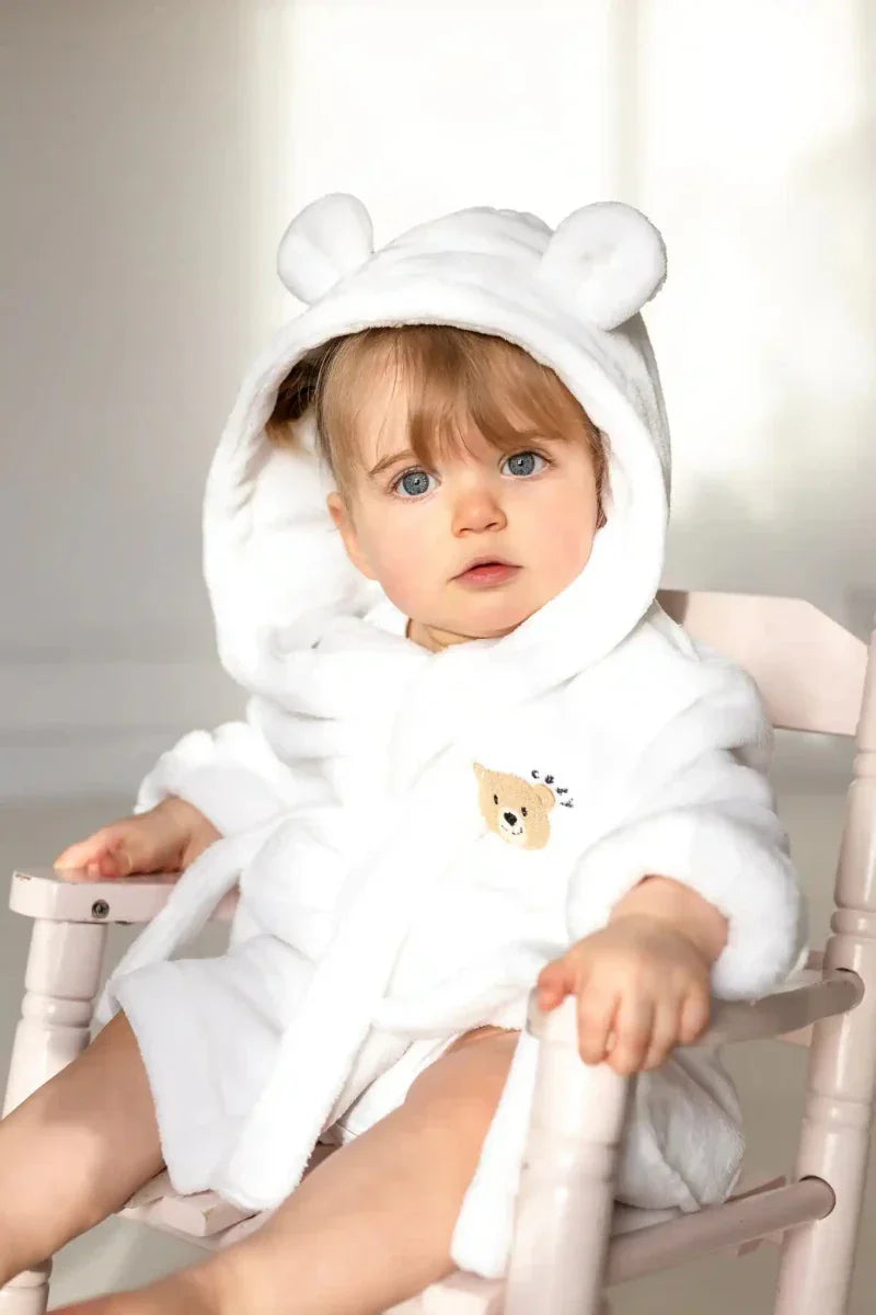 COZY Bear Hooded Dressing Gown Bear Ears - White - Dressing Gown