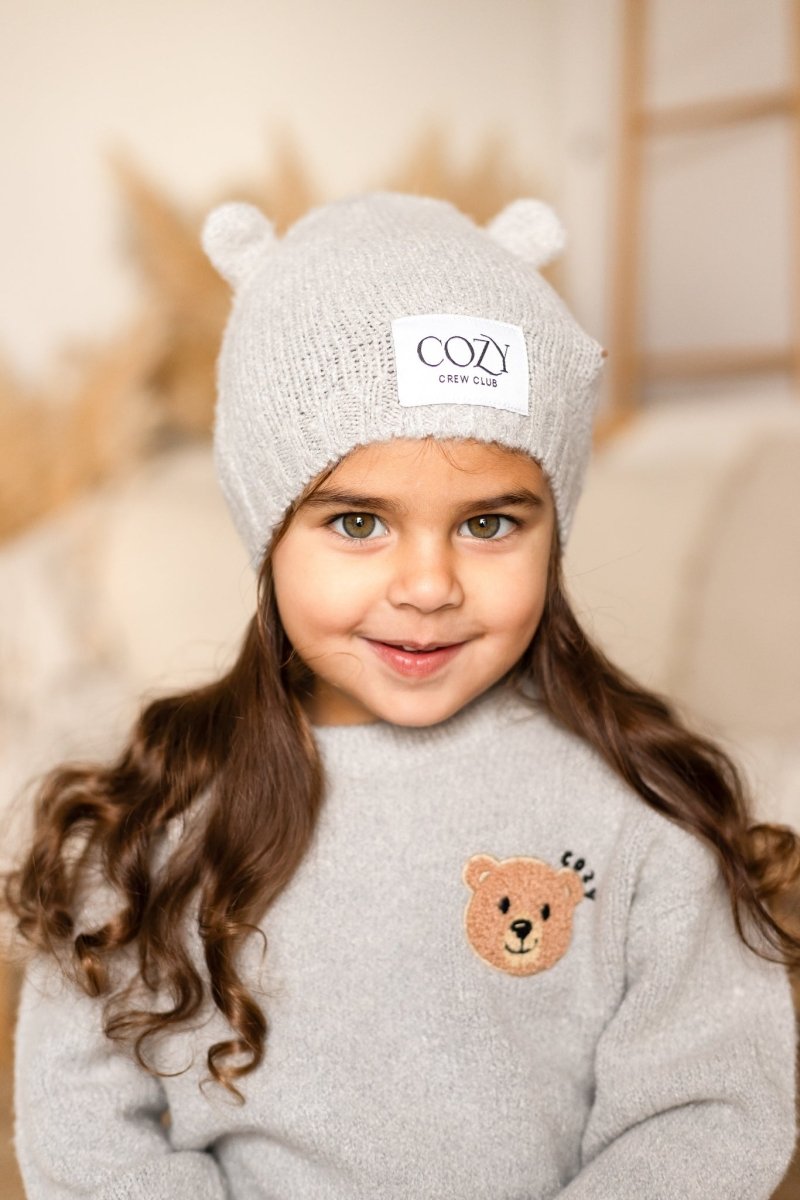 COZY Knitted Bear Beanie Hat Grey - Hats