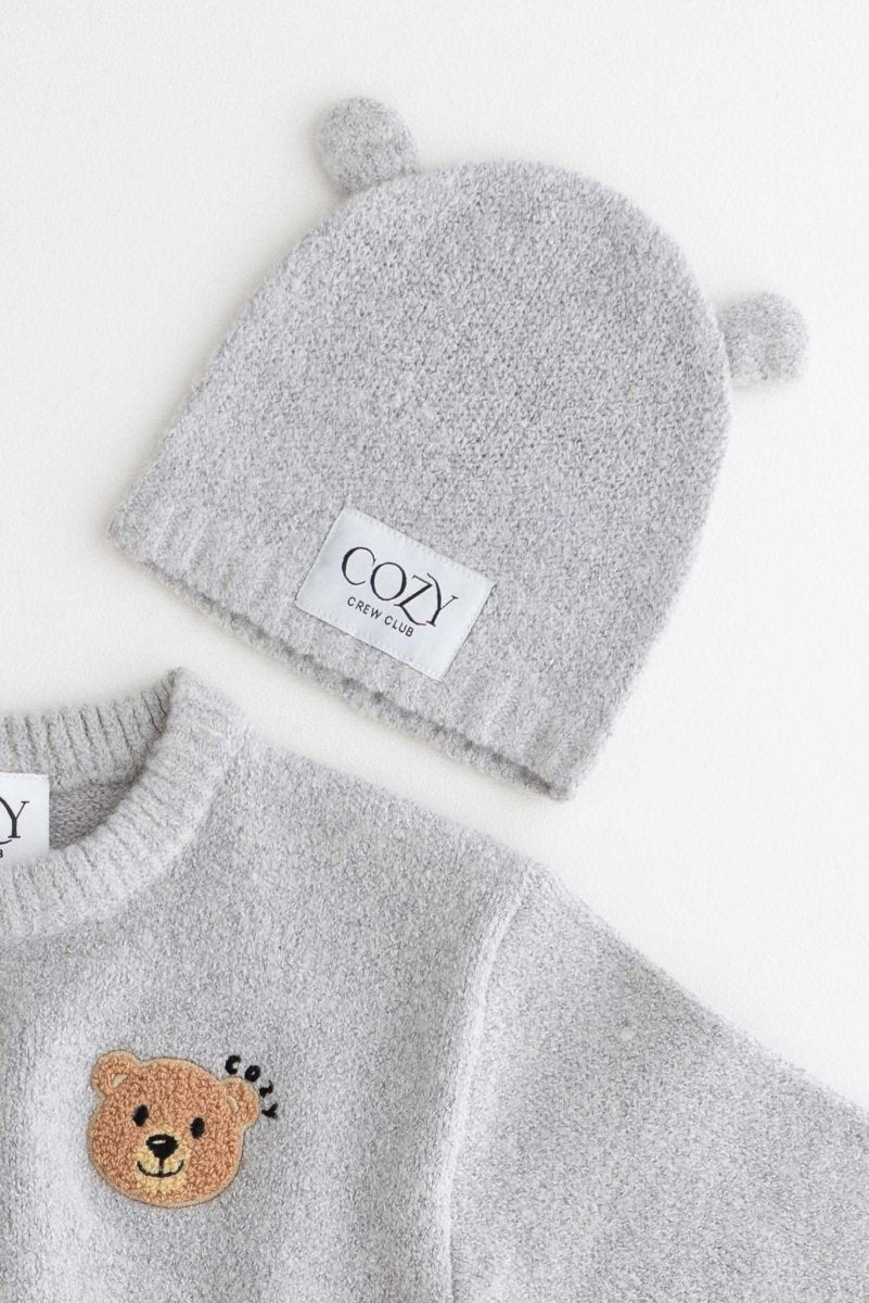 COZY Knitted Bear Beanie Hat Grey - Hats