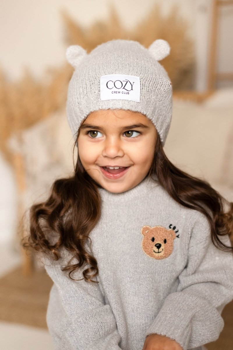 COZY Knitted Bear Beanie Hat Grey - Hats