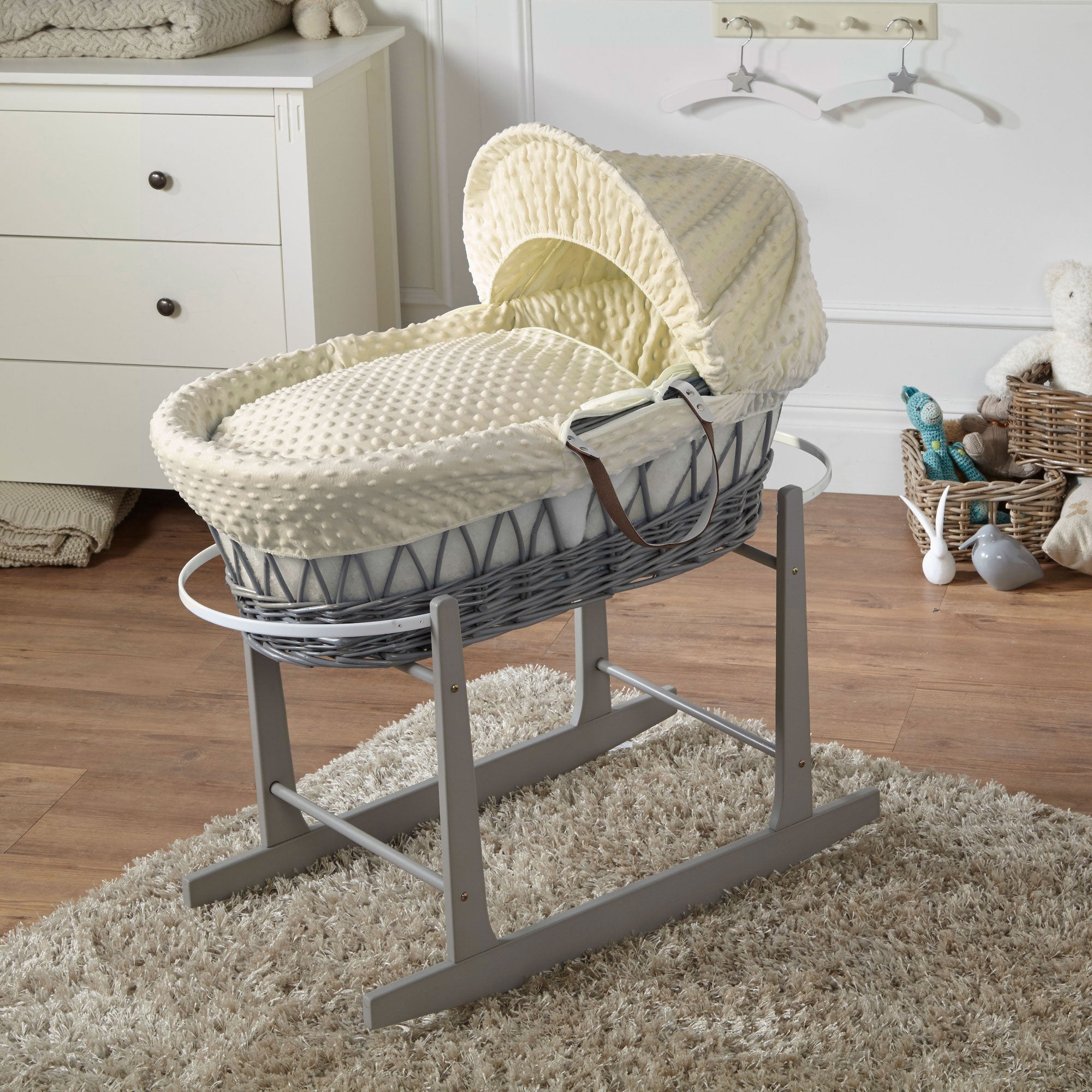 Cream Dimple Grey Wicker Baby Moses Basket With Stand-0