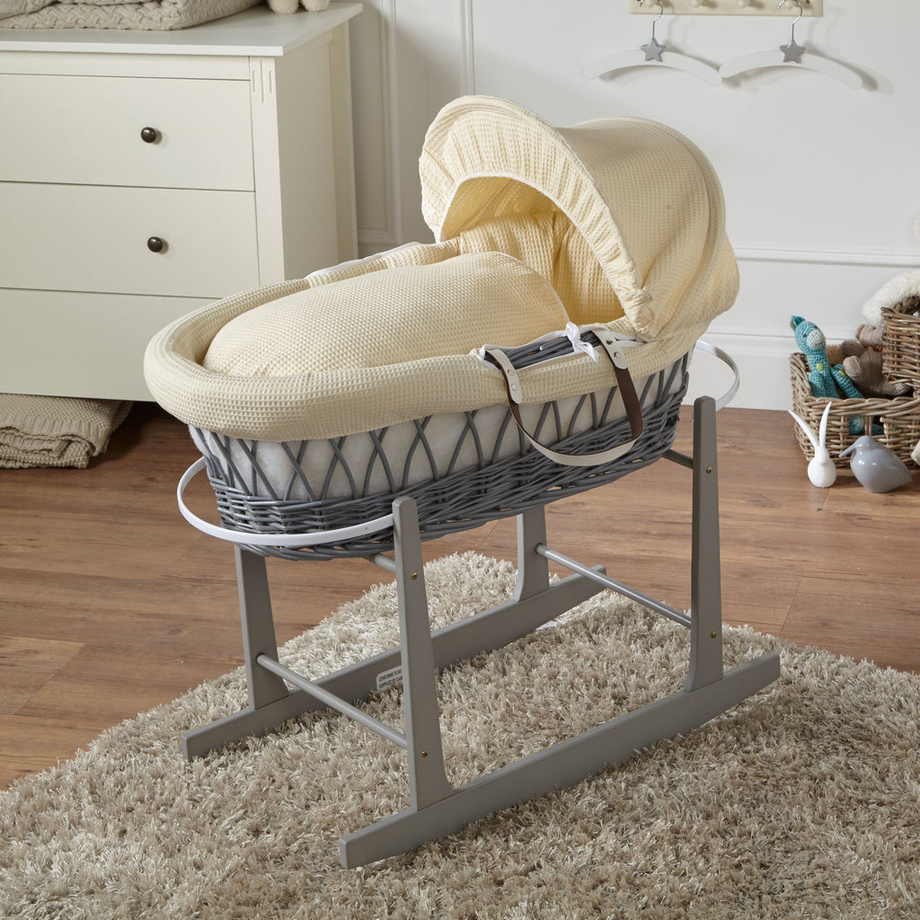 Cream Waffle Grey Wicker Baby Moses Basket With Stand-0