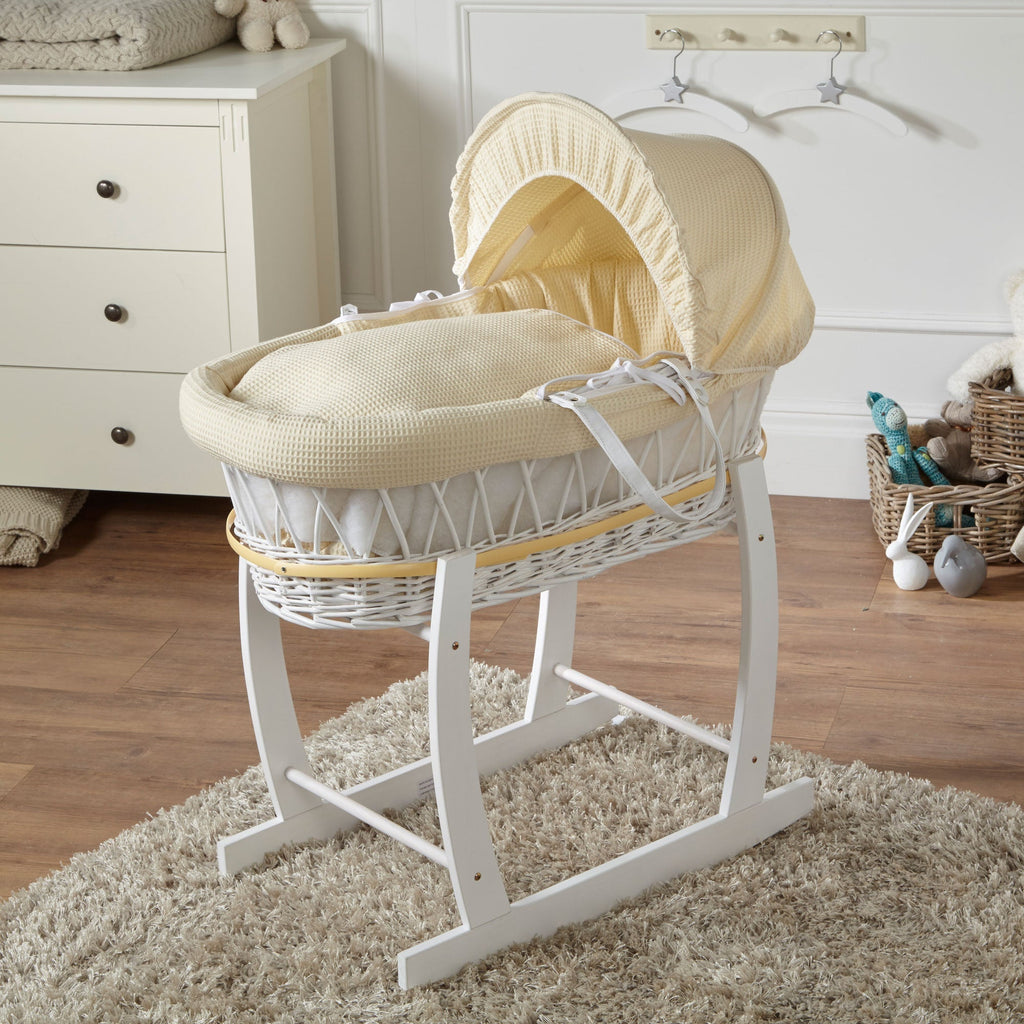 Cream Waffle White Wicker Baby Moses Basket With Stand-0