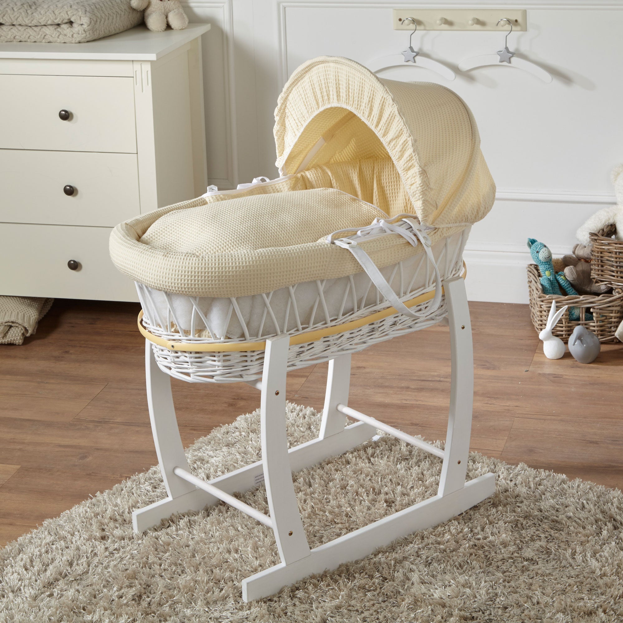 Cream Waffle White Wicker Baby Moses Basket With Stand-0
