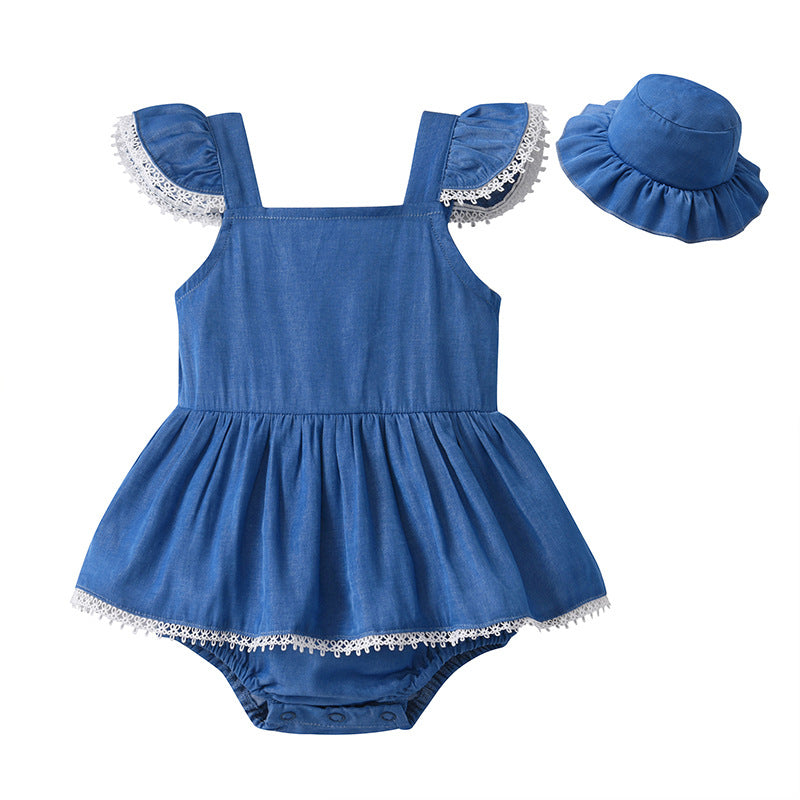 Denim Romper With Hat Sleeveless For Baby Girls