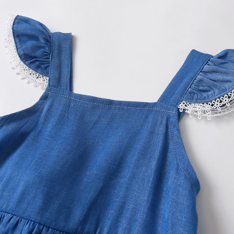 Denim Romper With Hat Sleeveless For Baby Girls