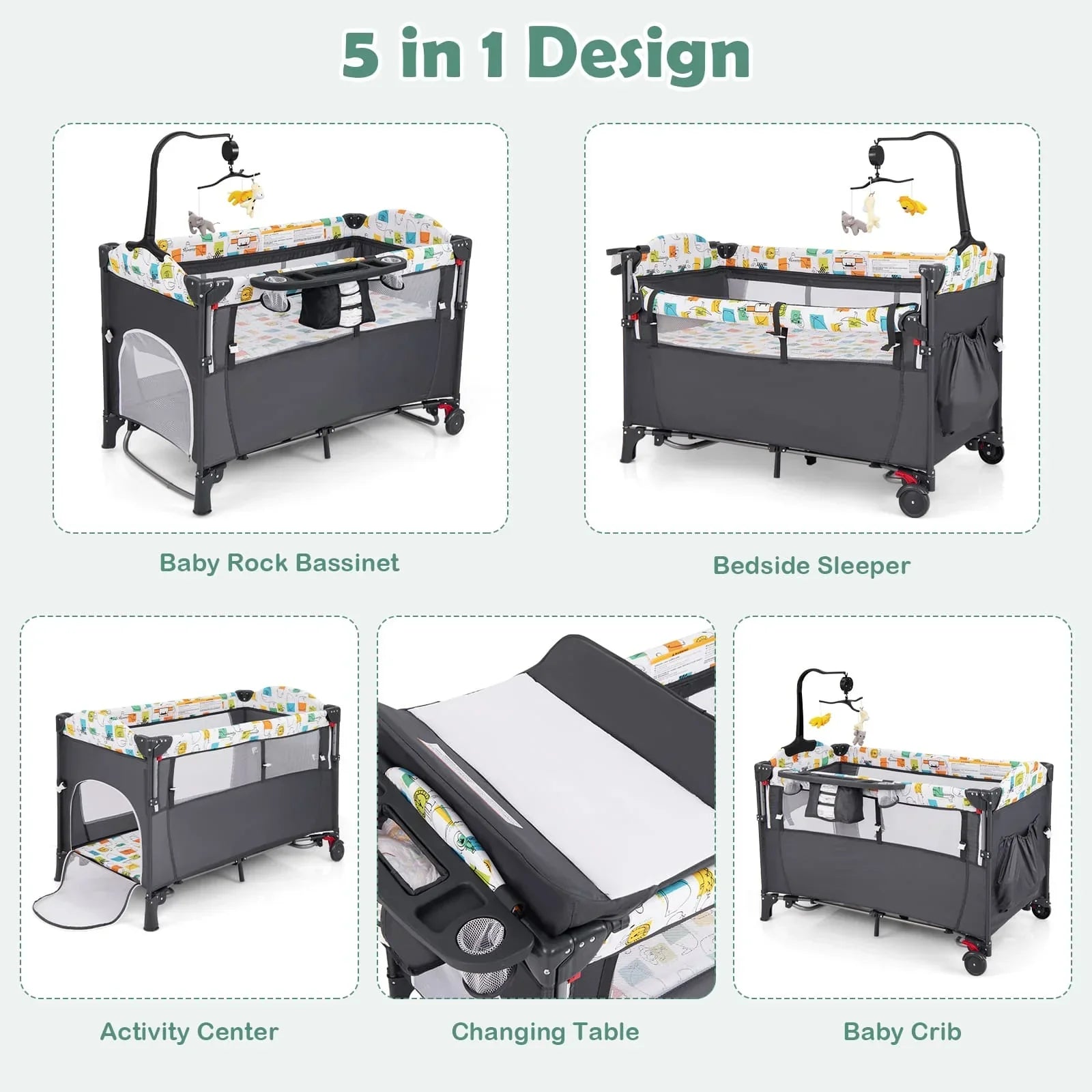 DORTALA 5-in-1 Baby Bassinet Bedside Sleeper Portable Pack and Play-Grey - UNITED KINGDOM / GRAY