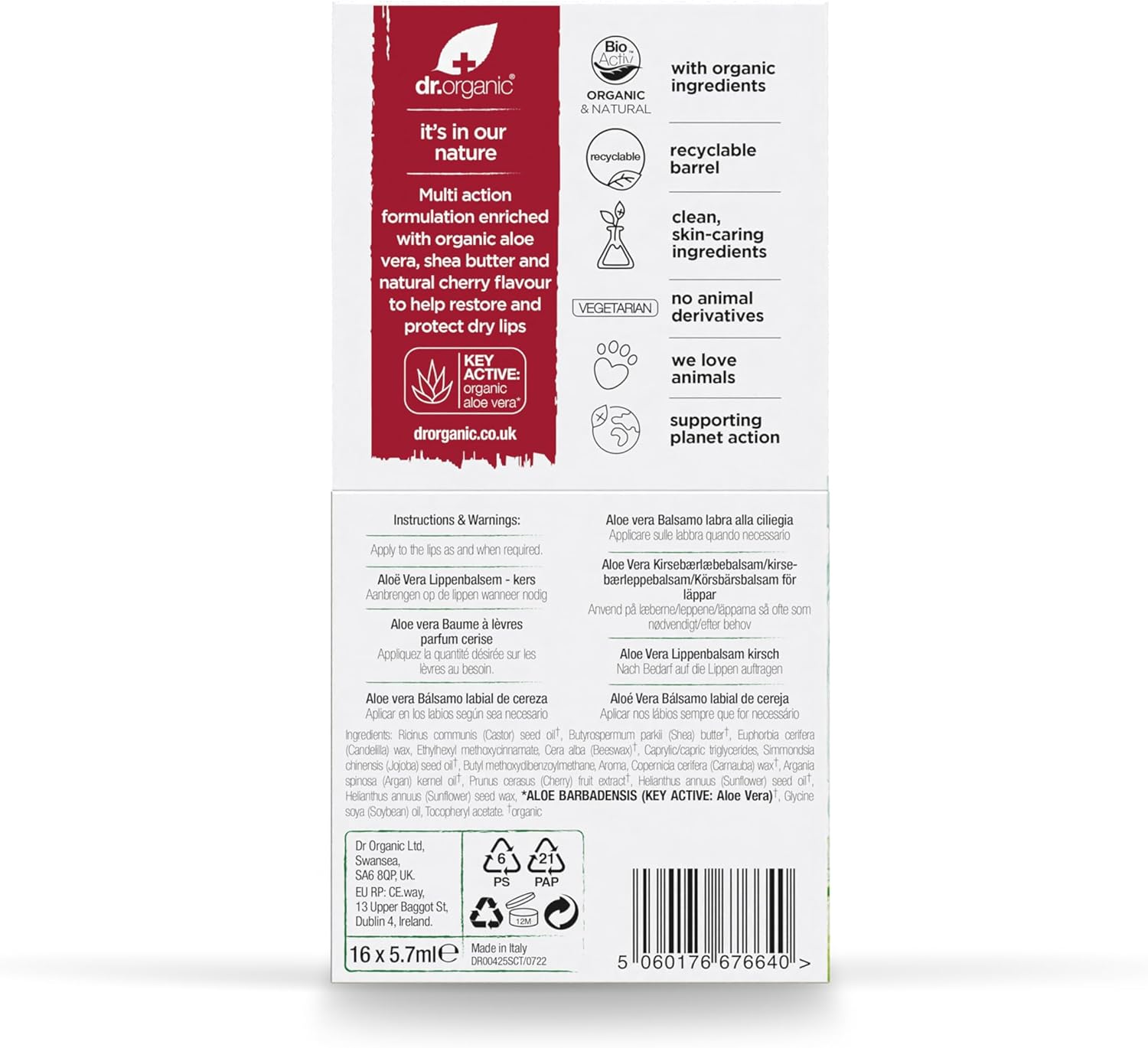 Dr Organic Plus Aloe Vera Cherry Lip Balm 5.7ml-1