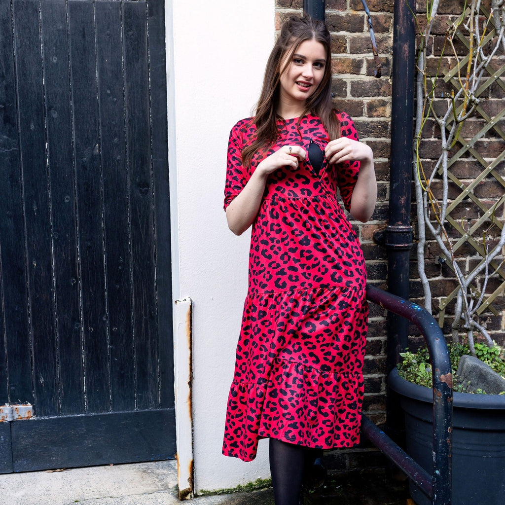 The Midi Breastfeeding Dress - Red Leopard-0