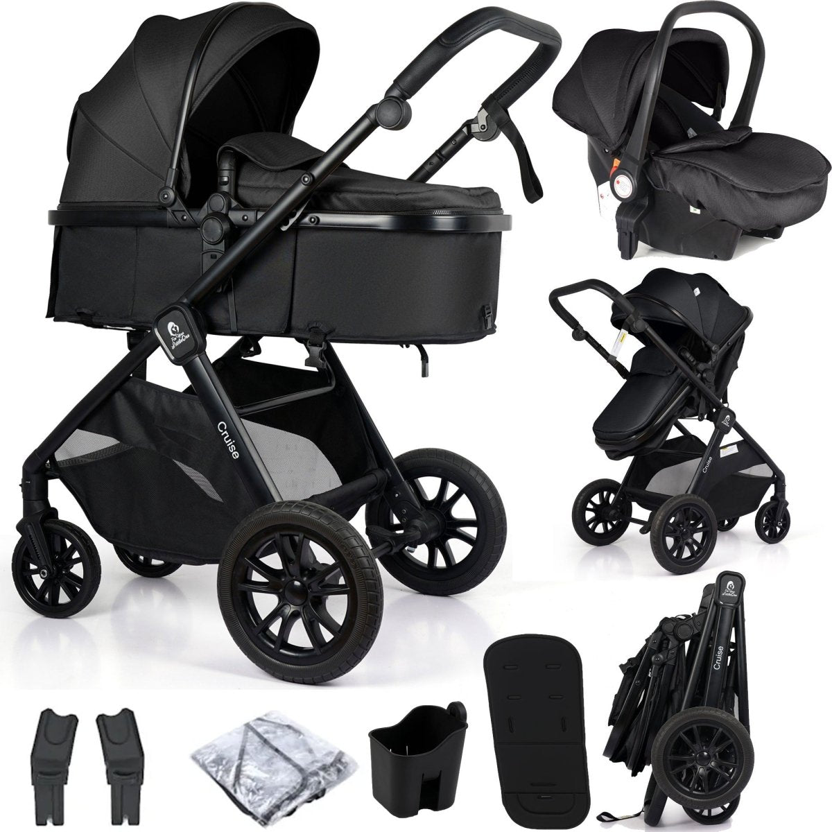For Your Little One Cruise 3 In 1 Travel System With Car Seat - Eclipse Black (Free Cupholder / Seat Liner Included!)