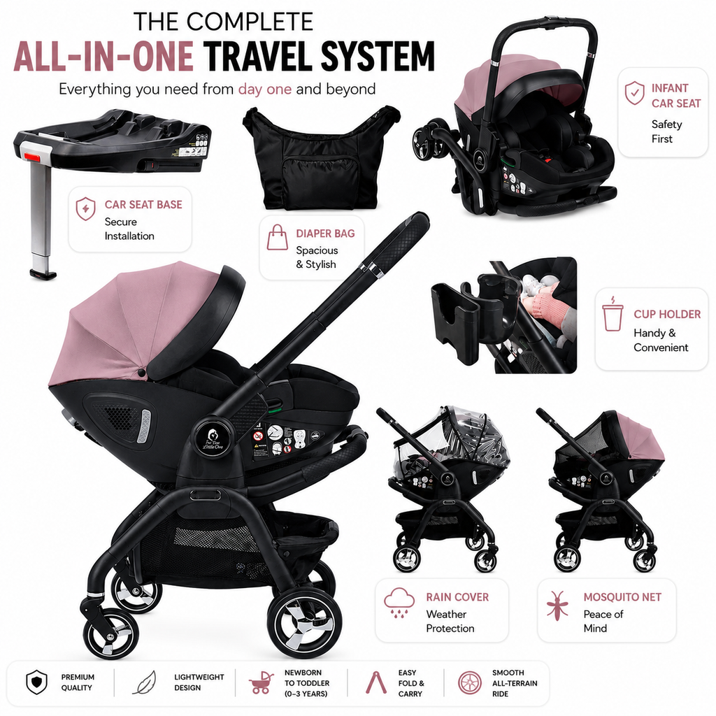 For Your Little One Qubi Infant Car Seat Stroller 7 Piece Bundle - Pastel Pink-1