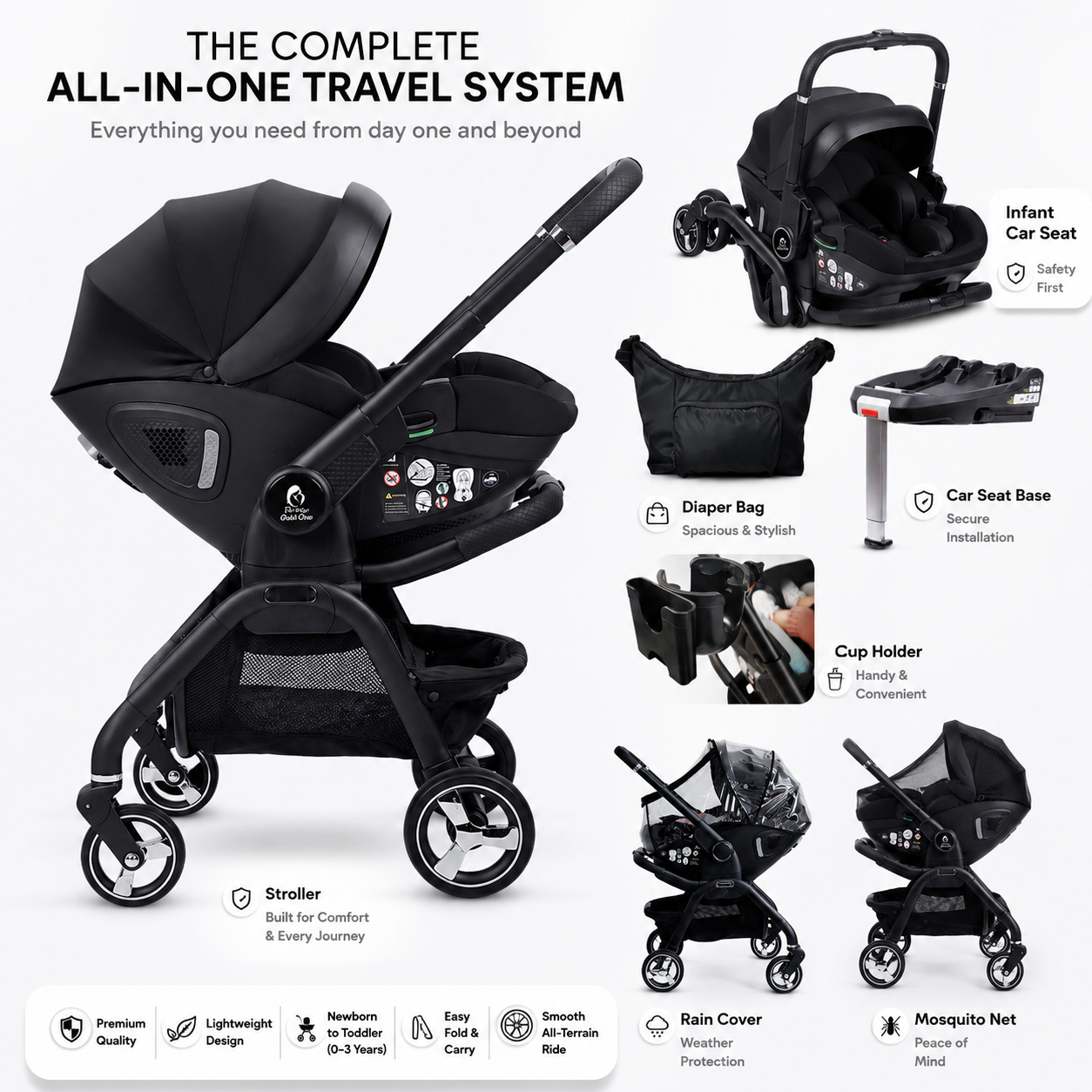 For Your Little One Qubi Infant Car Seat Stroller 7 Piece Bundle - Eclipse Black - Birth - 12 Months