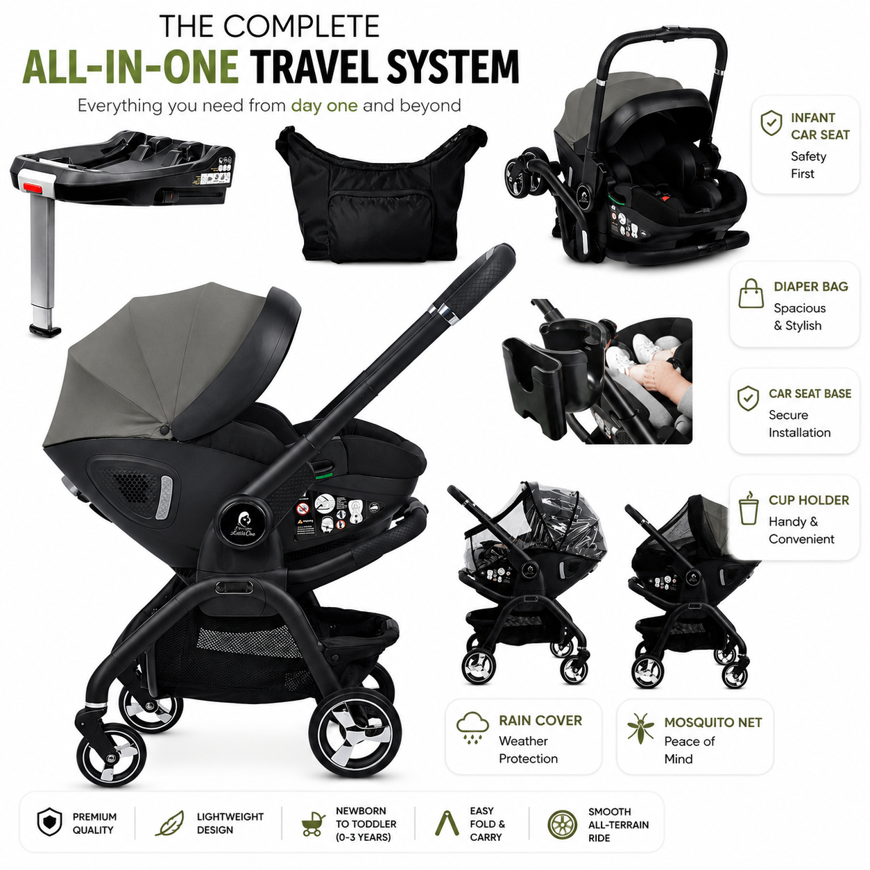 For Your Little One Qubi Infant Car Seat Stroller 7 Piece Bundle - Olive Grey-1