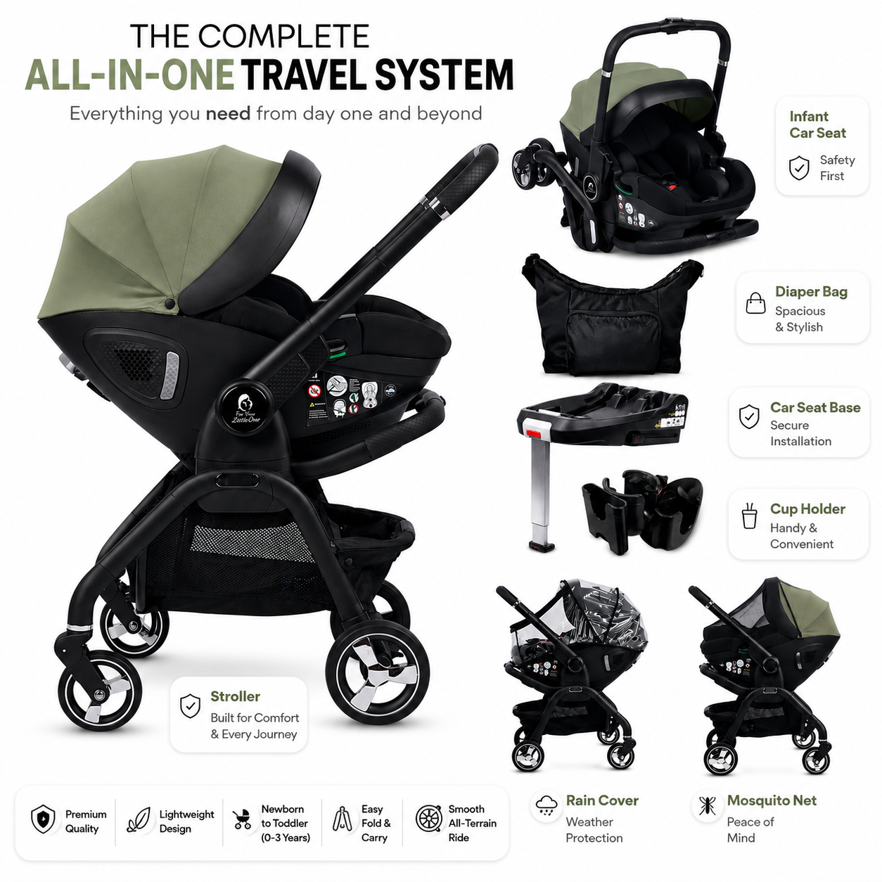 For Your Little One Qubi Infant Car Seat Stroller 7 Piece Bundle - Sage Green-1
