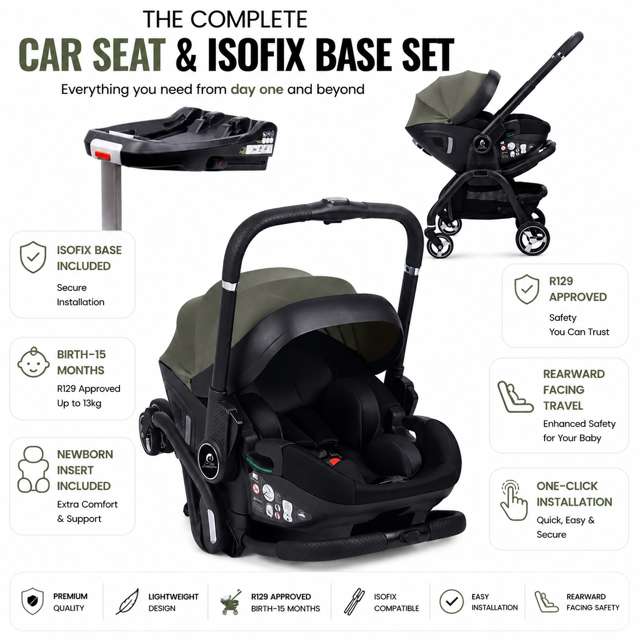 For Your Little One Qubi Infant Car Seat Stroller & Base - Olive Grey-1