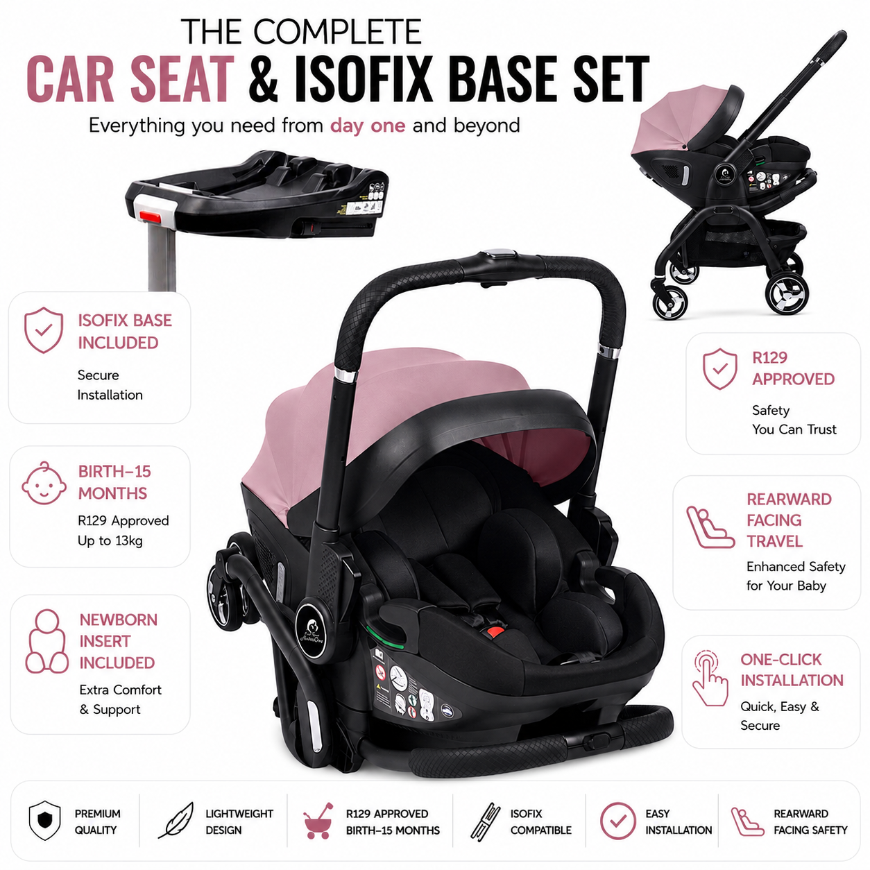 For Your Little One Qubi Infant Car Seat Stroller & Base - Pastel Pink-1