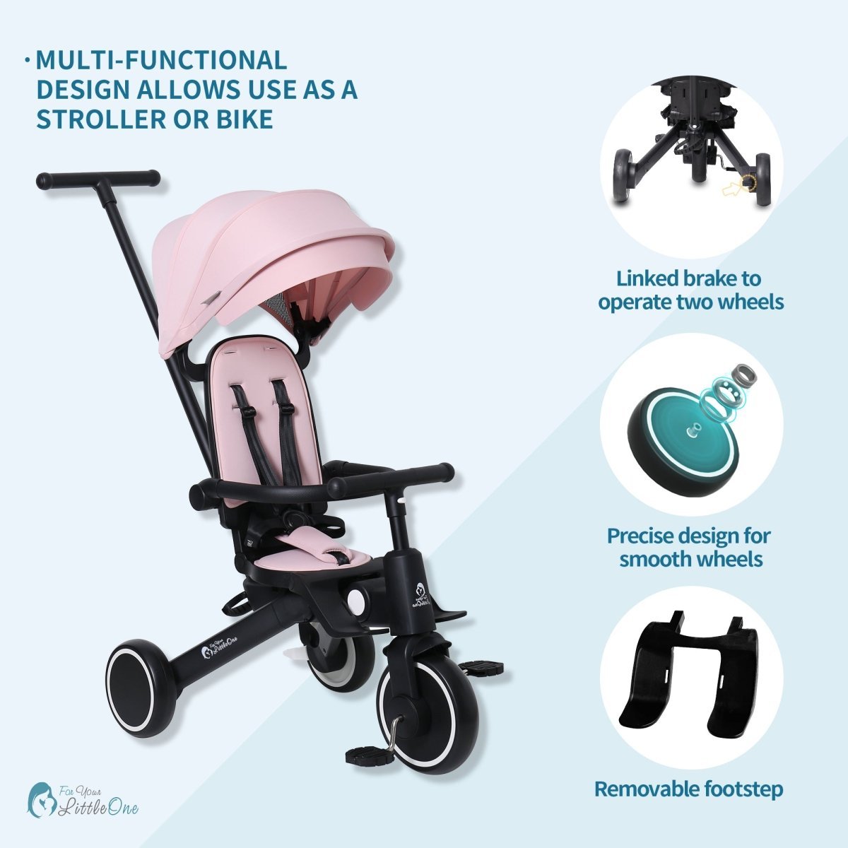 Foryourlittleone Xplor 6 in 1 Foldable Trike - Pastel Pink (10m-4y)