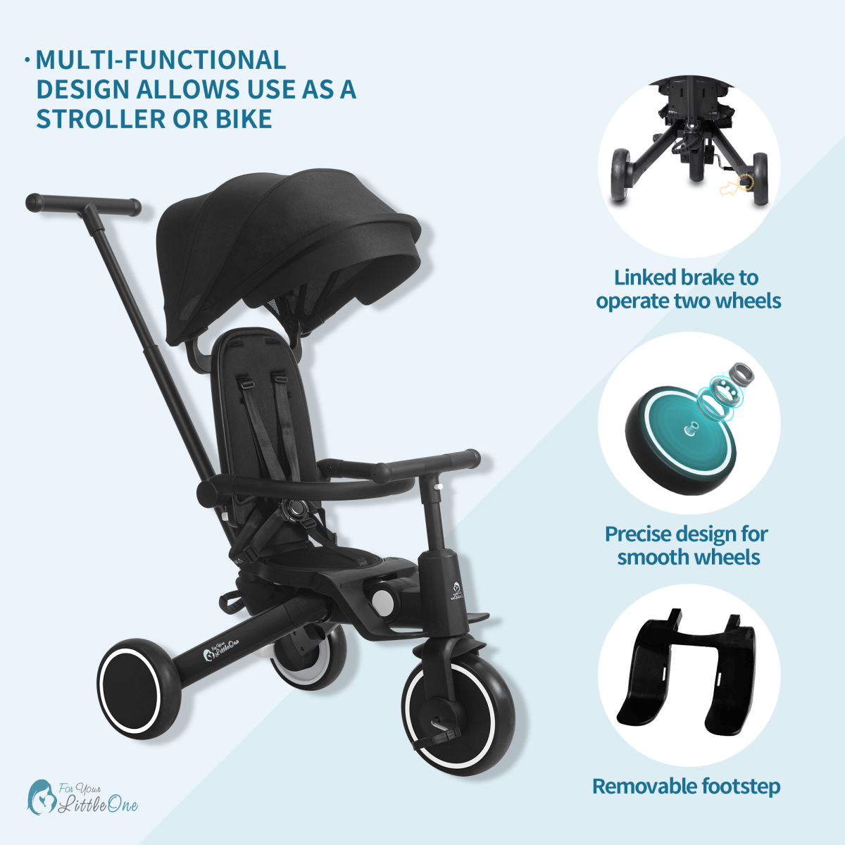 Foryourlittleone Xplor Plus 6 in 1 Foldable Trike - Jet Black (10m-4y)