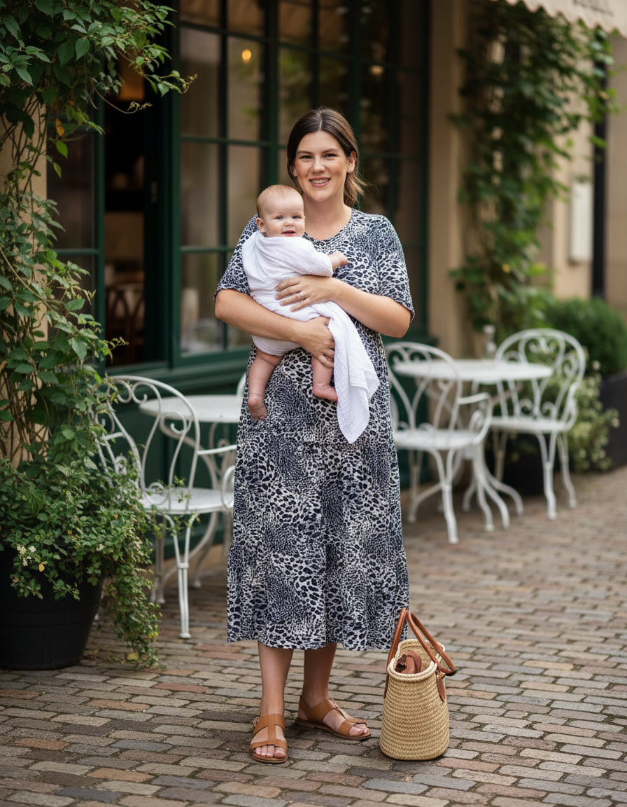 The Midi Breastfeeding Dress - Grey Leopard Cotton