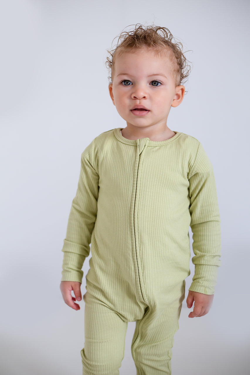 Green Ribbed Bamboo Zip Sleepsuit One Piece - Sleepsuits