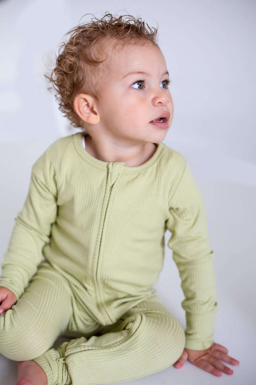 Green Ribbed Bamboo Zip Sleepsuit One Piece - Sleepsuits
