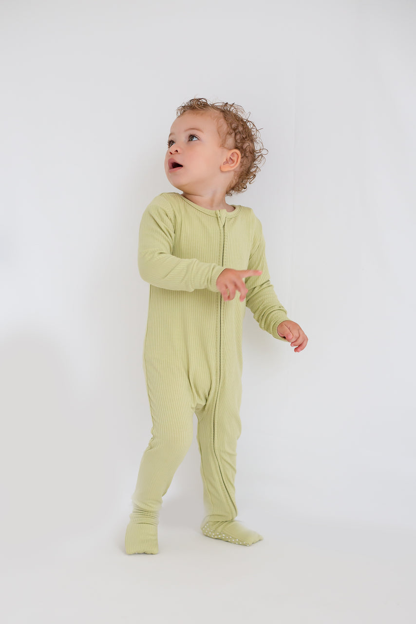 Green Ribbed Bamboo Zip Sleepsuit One Piece - Sleepsuits
