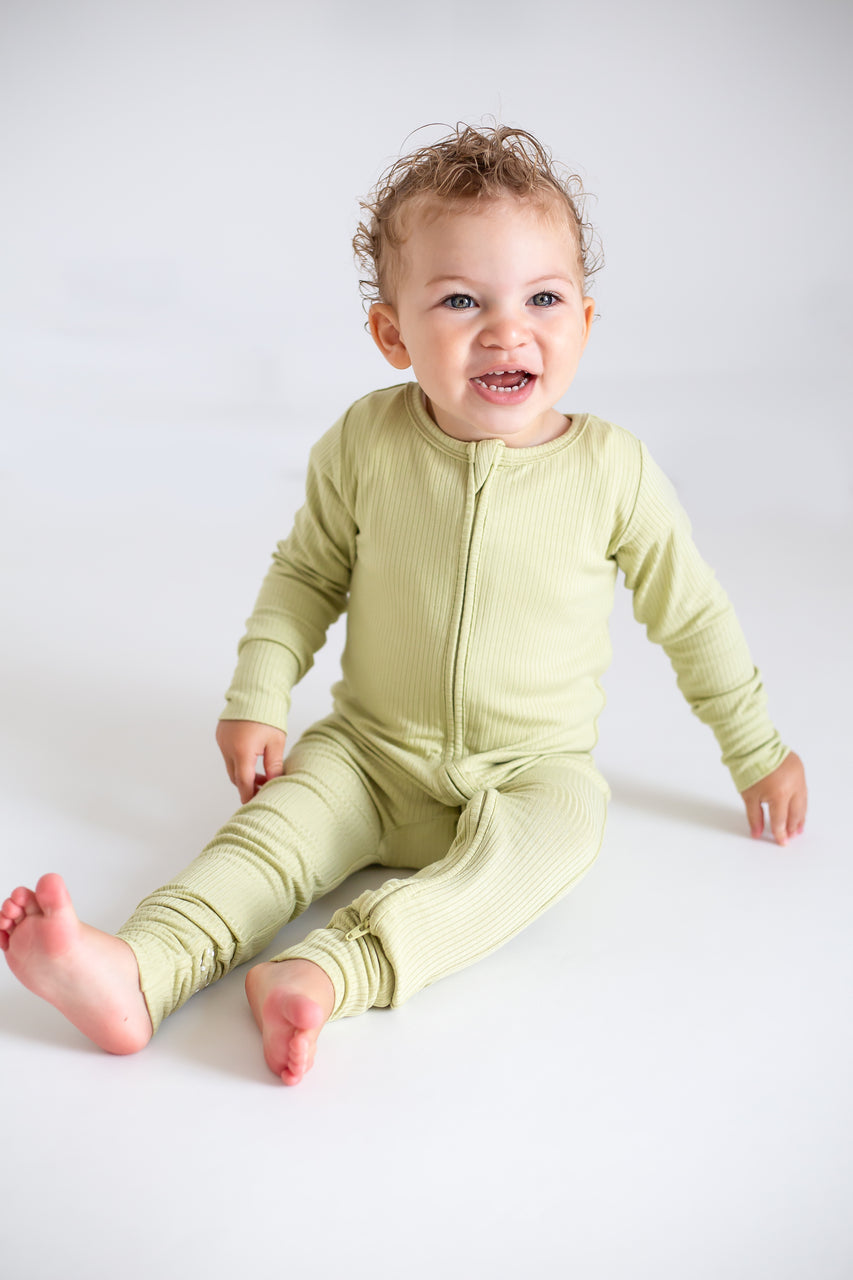 Green Ribbed Bamboo Zip Sleepsuit One Piece - Sleepsuits