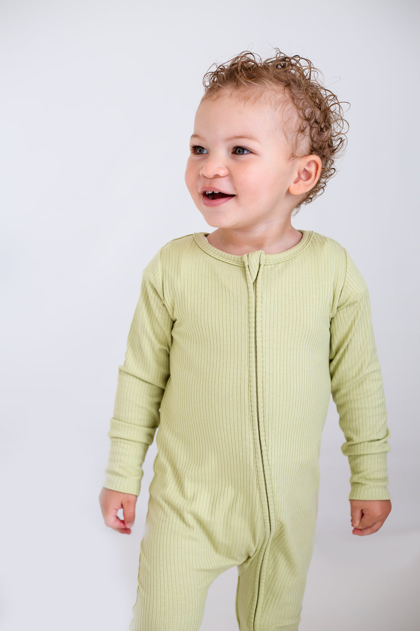 Green Ribbed Bamboo Zip Sleepsuit One Piece - Sleepsuits