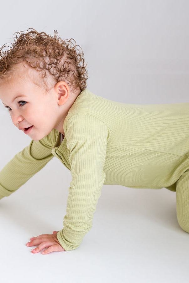 Green Ribbed Bamboo Zip Sleepsuit One Piece - Sleepsuits