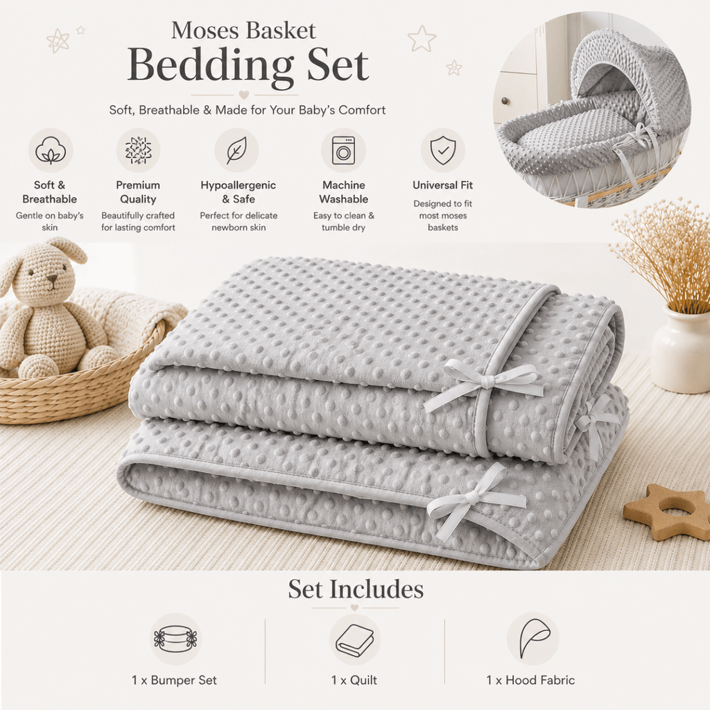 Grey Dimple Moses Basket Bedding Set (Basket Not Included!)