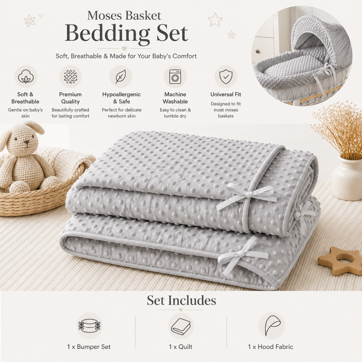 Grey Dimple Moses Basket Bedding Set (Basket Not Included!) - Moses Basket Bedding Set